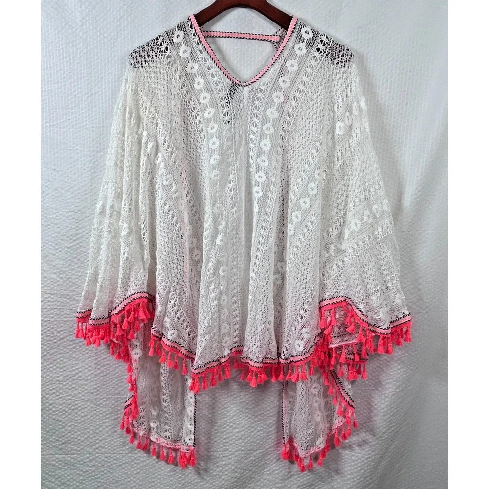 Express White Cotton Crochet‎ Neon Pink Tassels Open Swimsuit Cover Up One Size